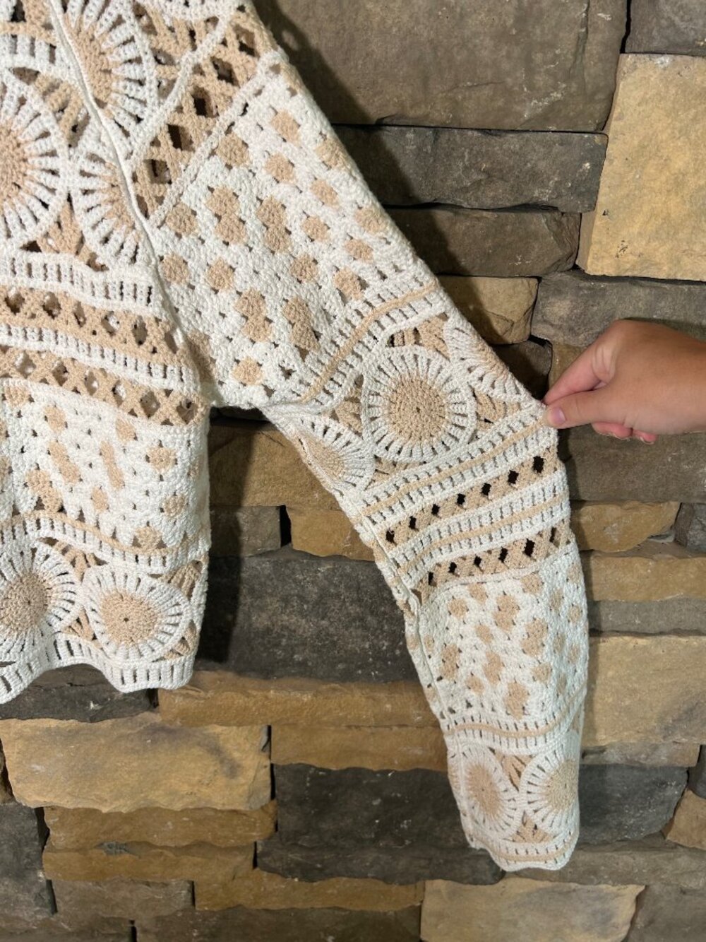 Idyllwind White and Tan Boho-Inspired Crochet Knit Crop Top w Bell Sleeves - Picture 3 of 5